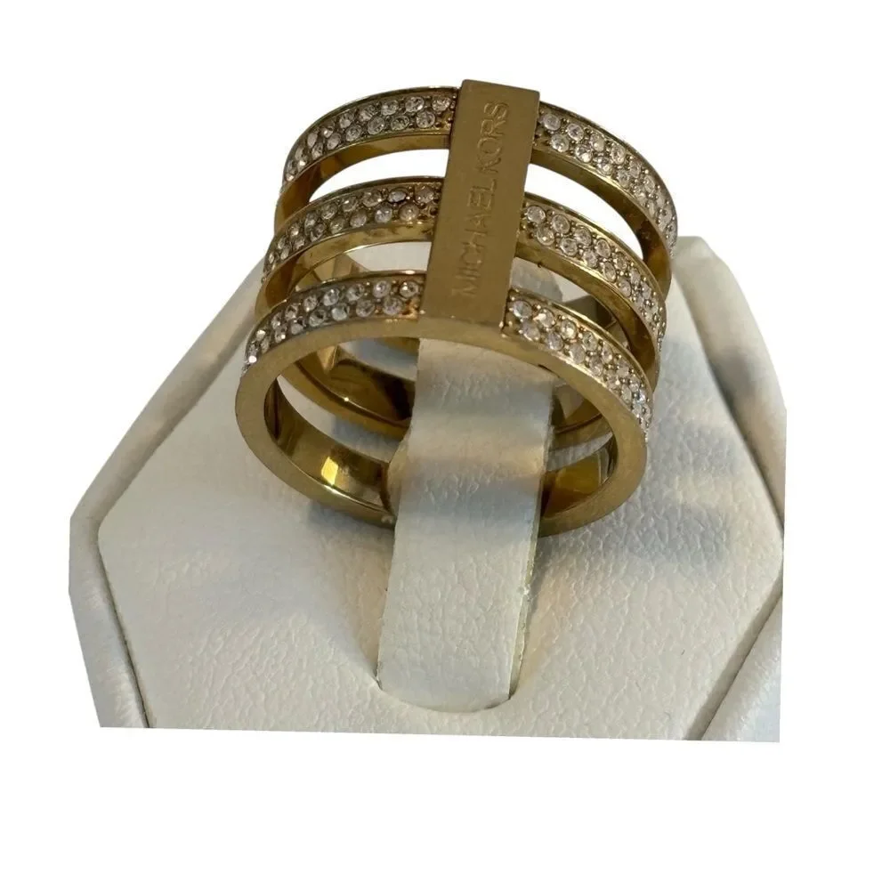 Michael Kors Gold Tone Tri-Stack Fashion Ring w/ Clear Pave Crystals.